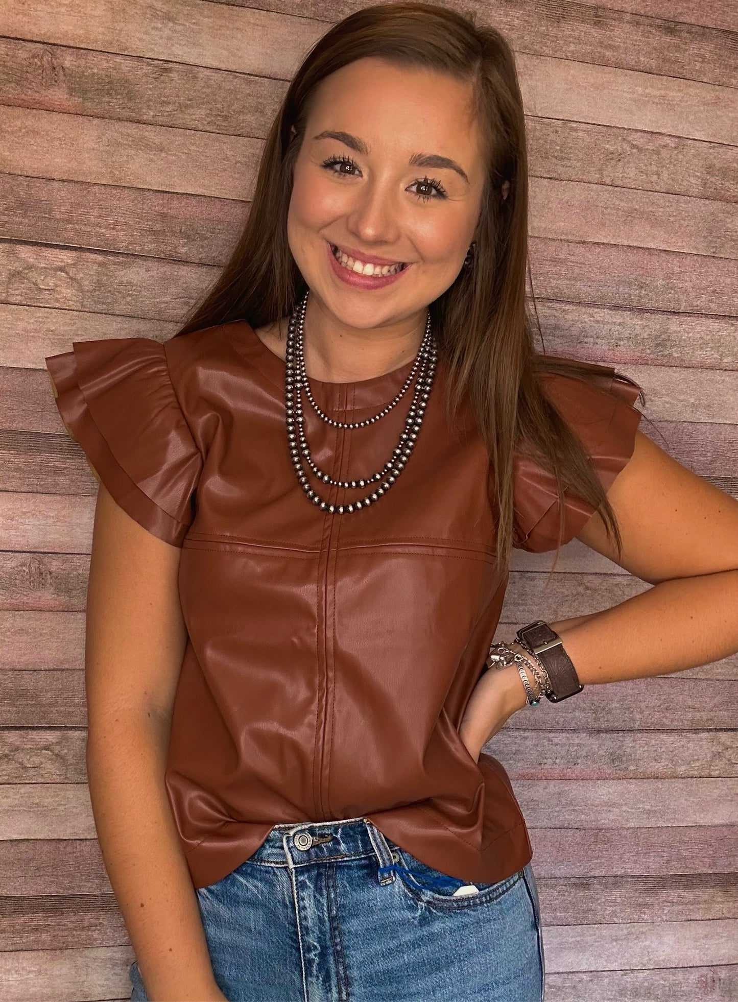 Faux Leather Ruffle Sleeve Top