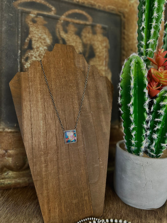 Pink Dahlia Turquoise Square Necklace