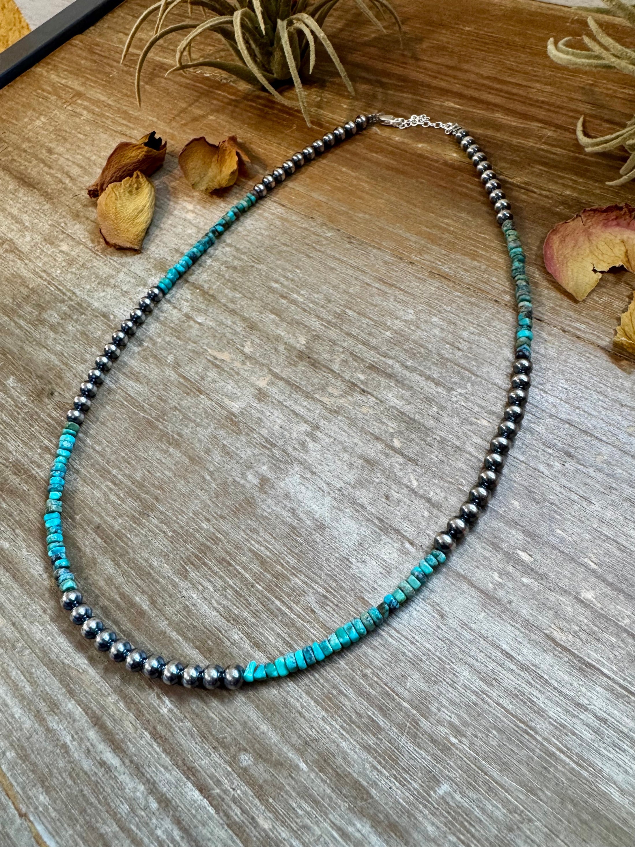 Sterling Silver Pearl & Heishi Turquoise Necklace – 19"