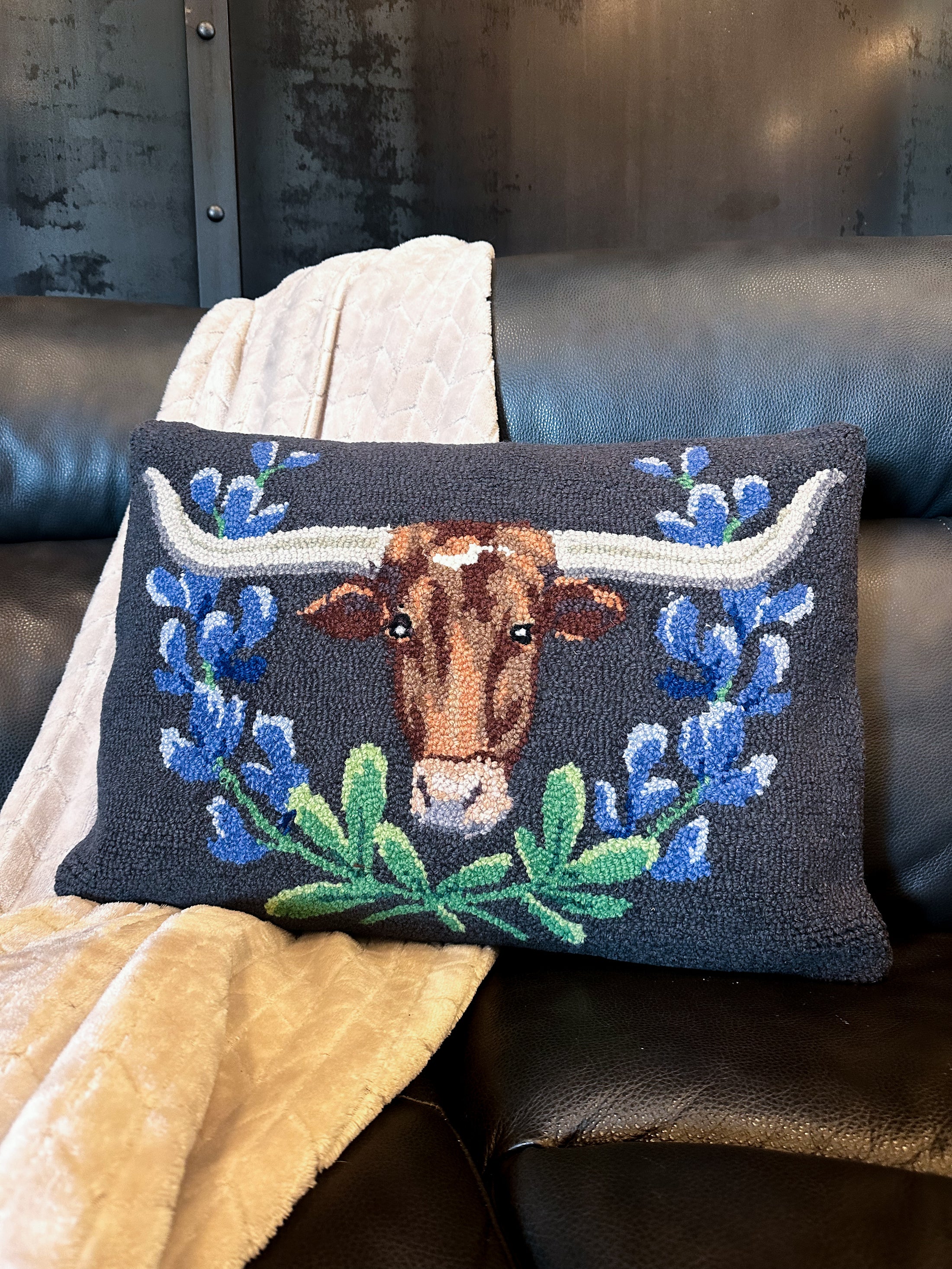 Longhorn and Bluebonnet Hook Pillow
