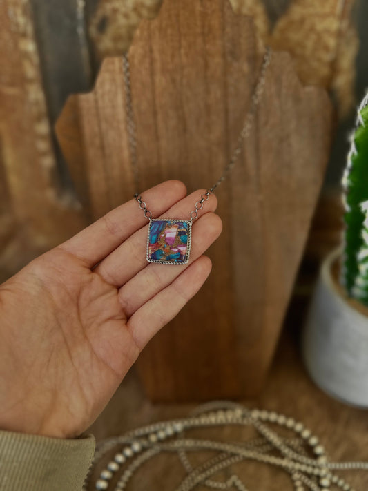 Pink Dahlia Turquoise Square Necklace