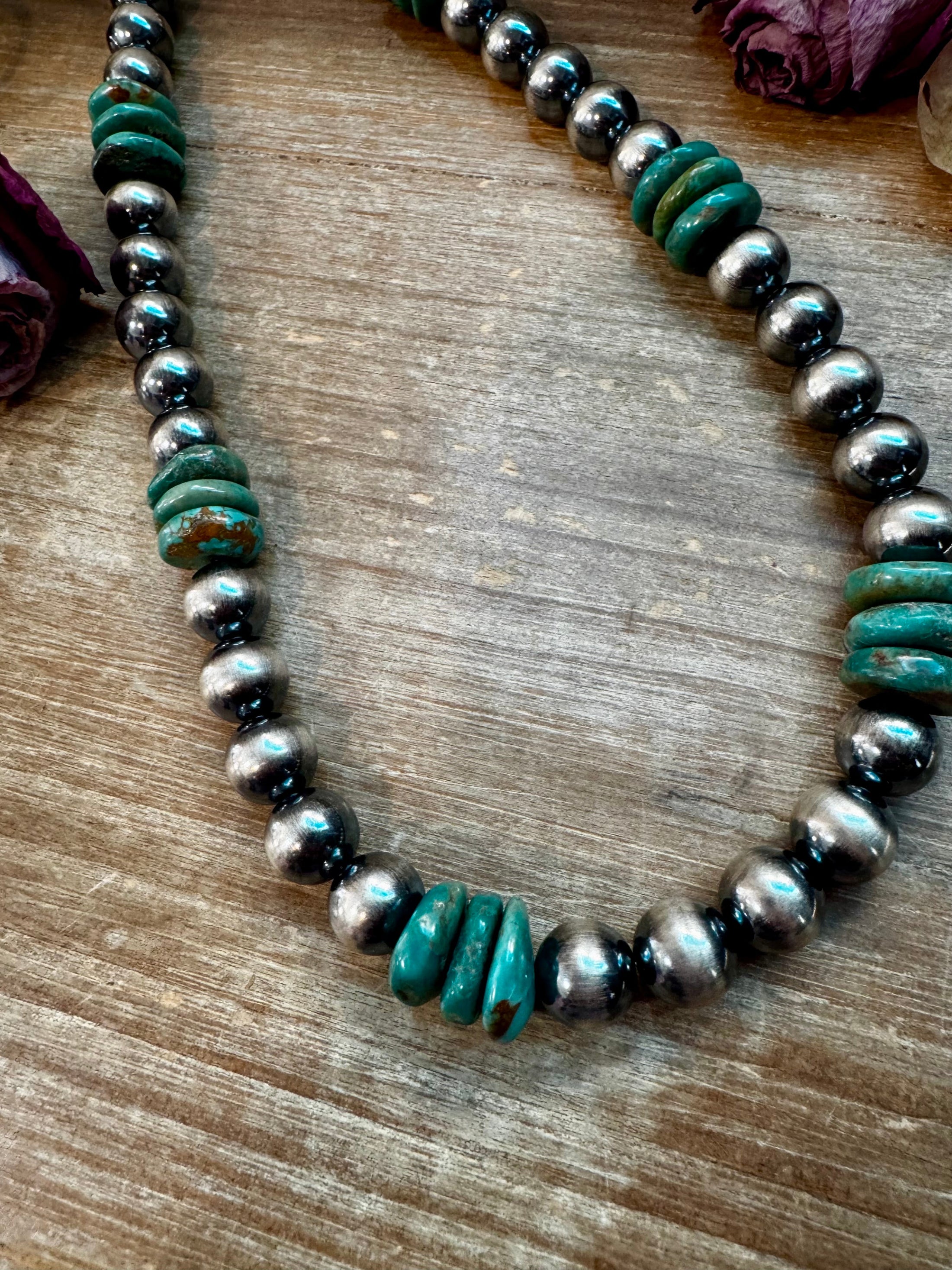 NFR Collection Necklace – 12mm Sterling Silver Pearls with 16mm Green Turquoise Rondelle – Handmade by The Bijoux FAB – 21.5"