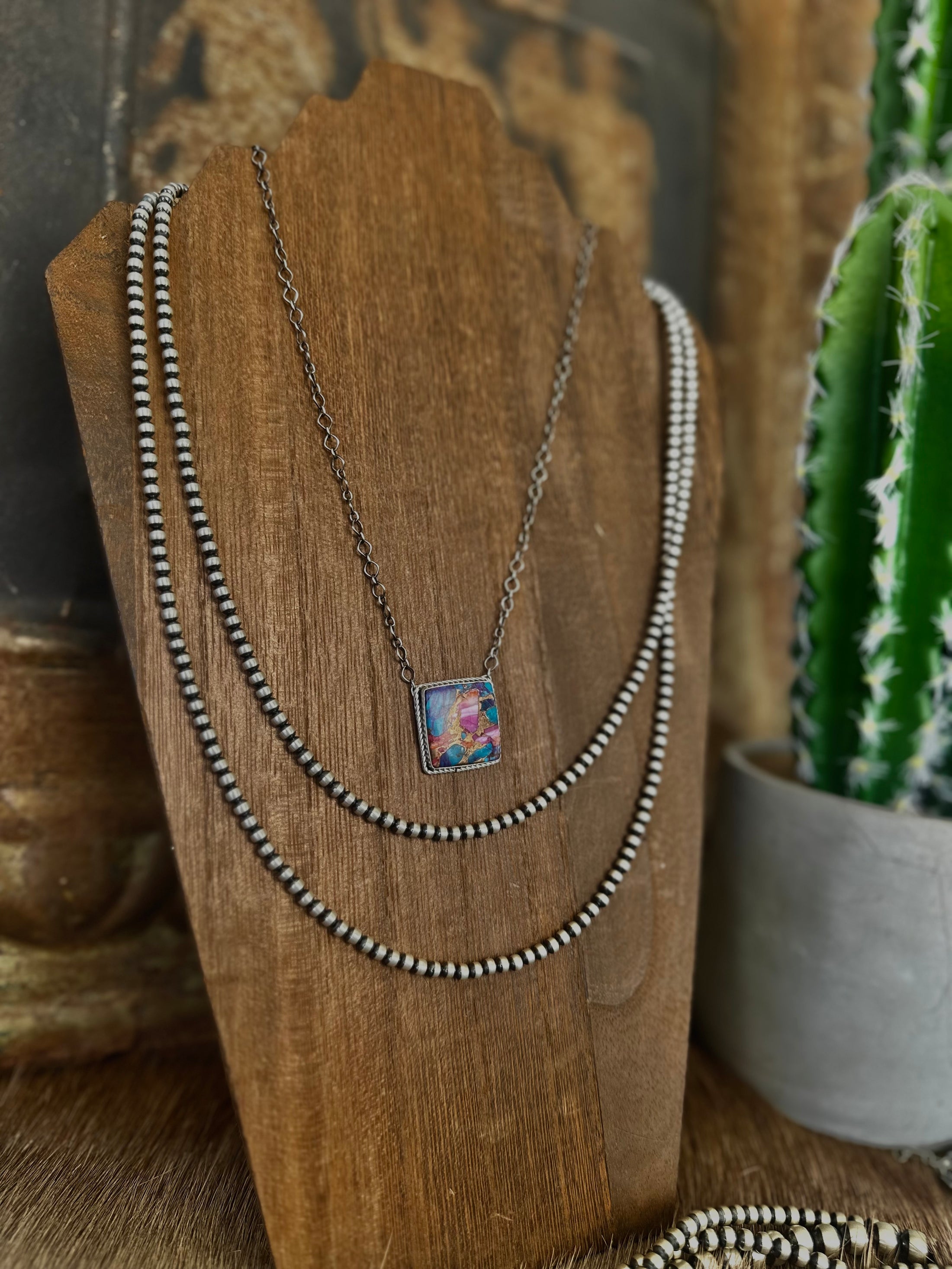 Pink Dahlia Turquoise Square Necklace