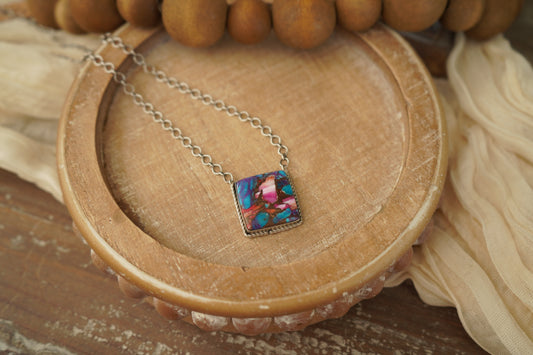 Pink and Purple Square Dahlia Turquoise Necklace