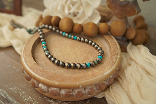 8mm Sterling Silver Pearls and Turquoise Necklace