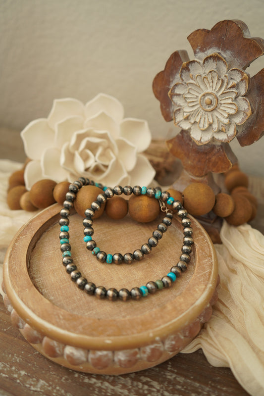 8mm Sterling Silver Pearls and Turquoise Necklace