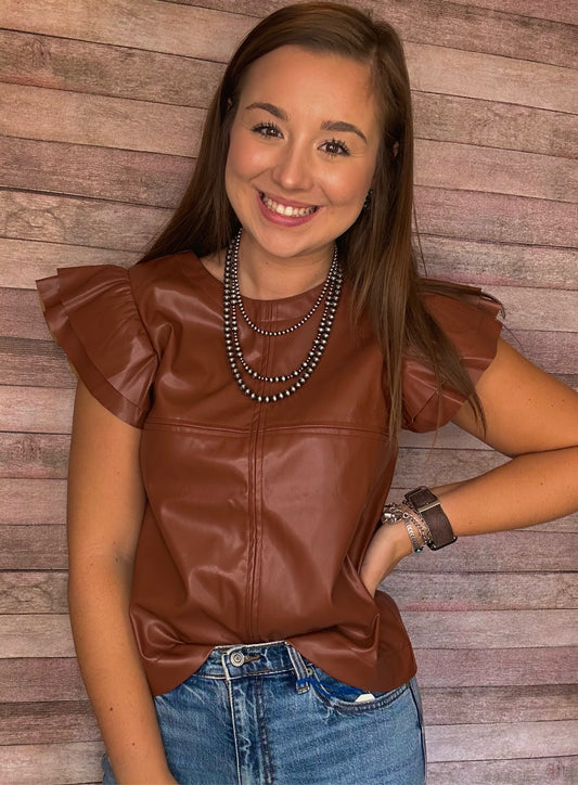 Faux Leather Ruffle Sleeve Top